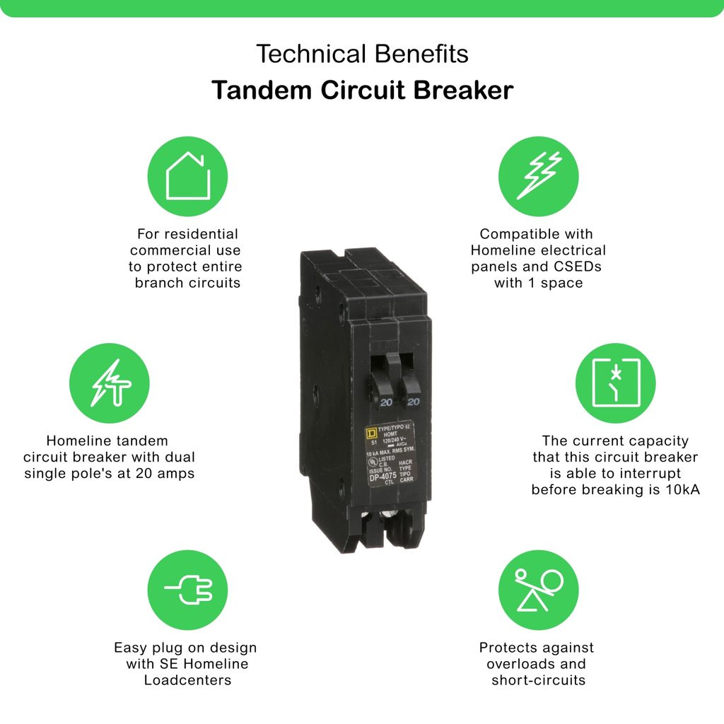 Mayer-DDS-Tandem circuit breaker, Homeline, 2 x 1 pole at 20A, 120/240VAC, 10kA AIR, plug in, UL-2