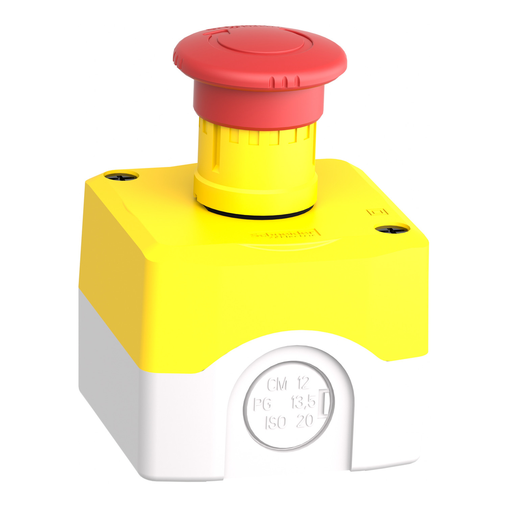 Mayer-DDS-22mm push button, Harmony, yellow control station, trigger action emergency stop, 40mm red mushroom, 1 NC, NEMA 13-2