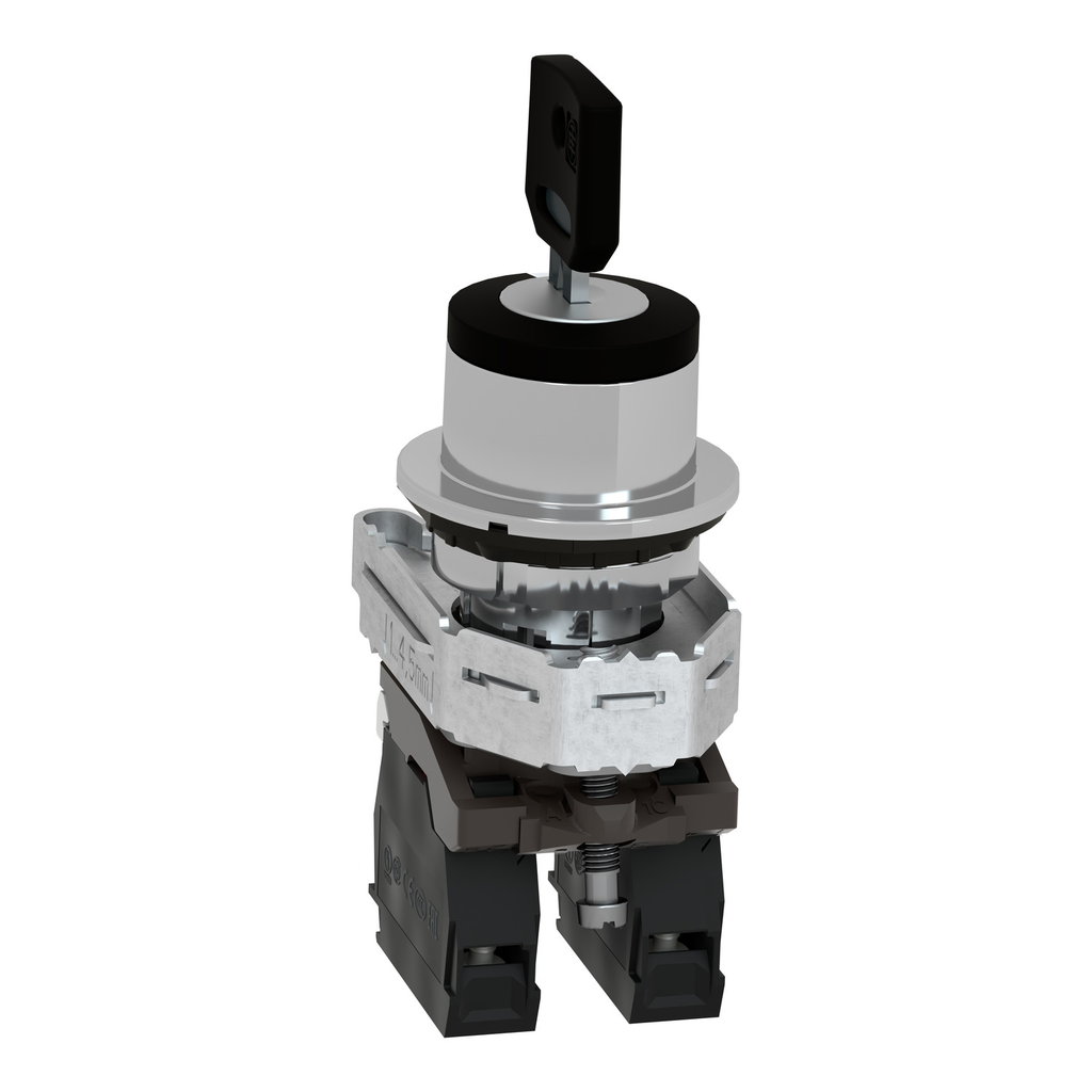 Mayer-DDS-Key switch selector flush mounted, Harmony XB4, metal, black, 30mm, key 455, 3 positions, stay put, 2NO-2