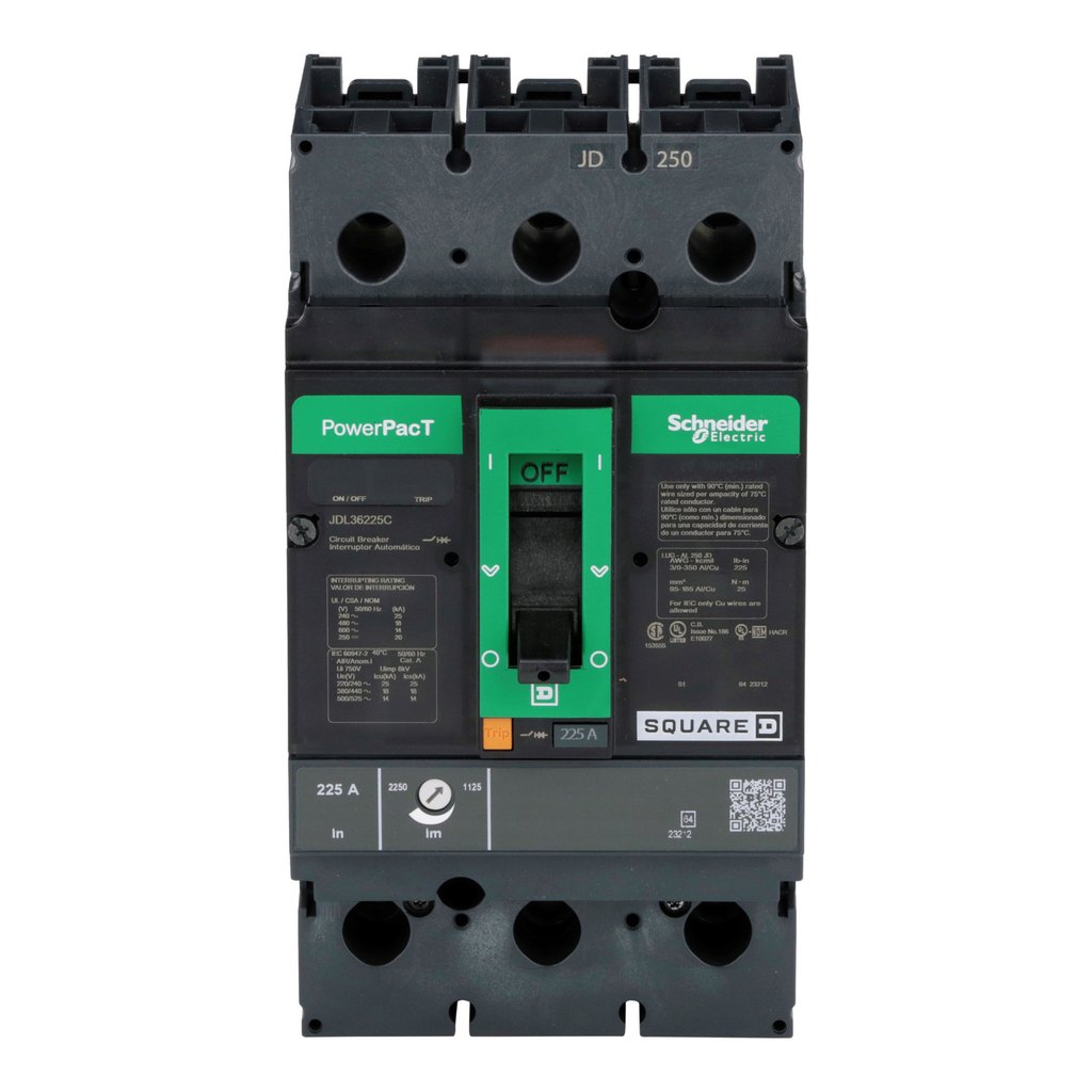 Mayer-DDS-Circuit breaker, PowerPacT J, 225A, 3 pole, 600VAC, 14kA, lugs, thermal magnetic, 100%-2