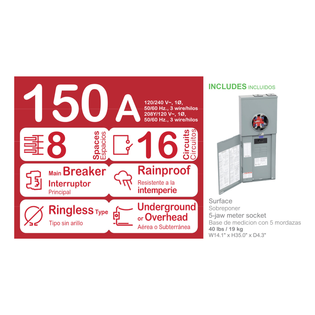 Mayer-DDS-Meter mains, Homeline, CSED, ringless socket, 150A, surface mount, maximum 8 spaces, 16 circuits, horn bypass-2