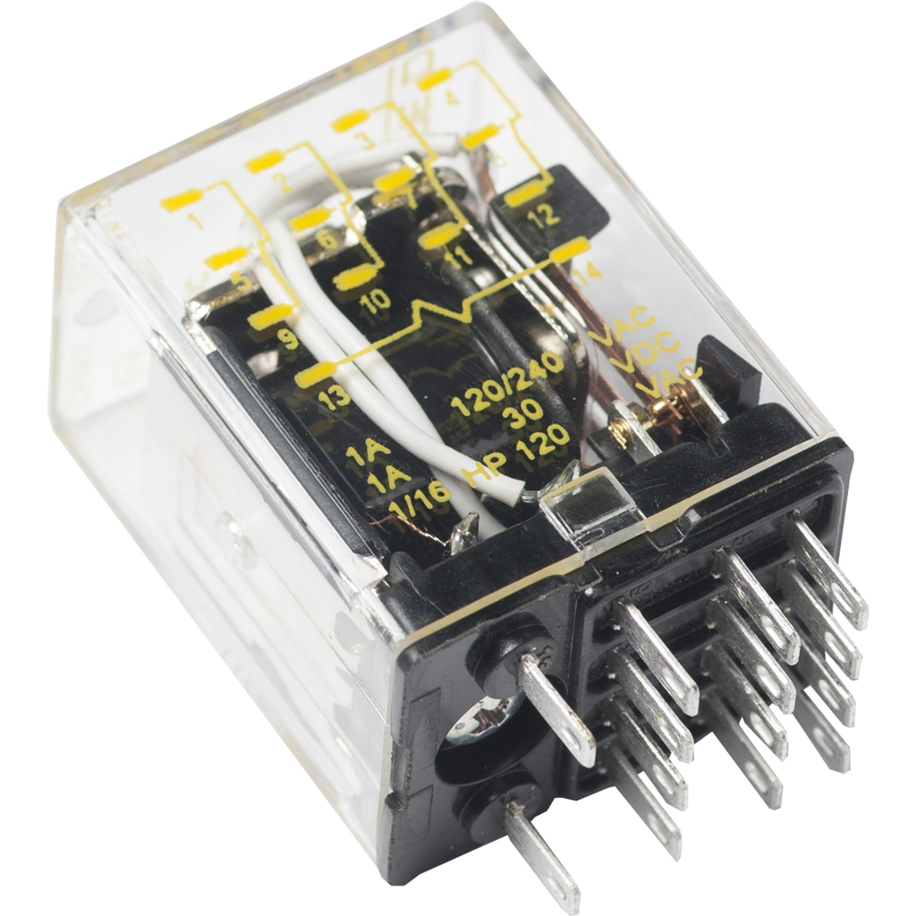 Mayer-DDS-Plug in relay, Type R, miniature, 0.167 HP at 120 VAC, 3A resistive at 277 VAC, 14 blade, 4PDT, 4 NO, 4 NC, 120 VAC coil-2