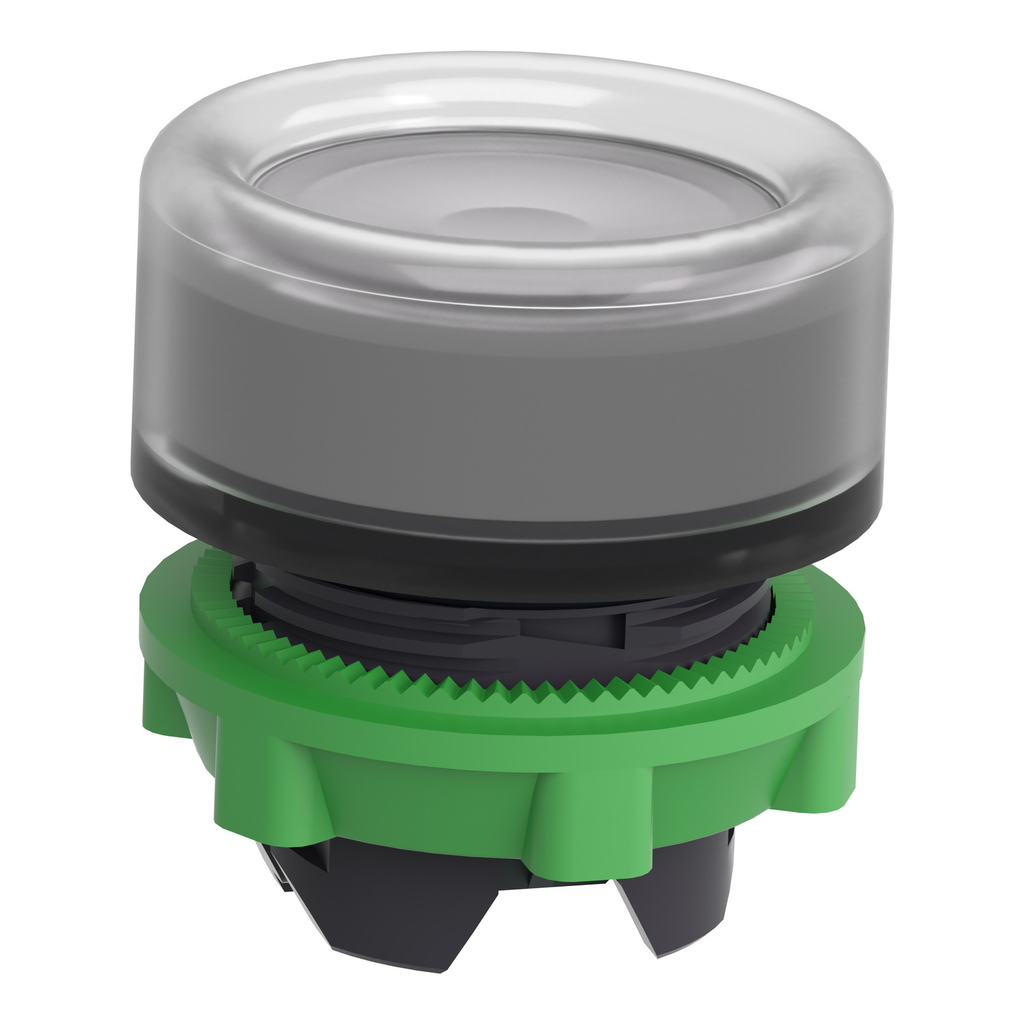 Mayer-DDS-Head for illuminated push button, Harmony XB5, grey bezel, white flush, 22mm, universal LED, spring return, clear boot-2