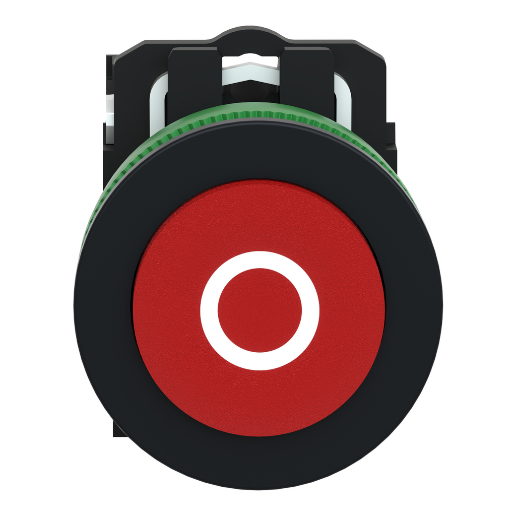 Mayer-DDS-Push button flush mounted, Harmony XB5, plastic, projecting, red, 30mm, spring return, marked O, 1NC-2