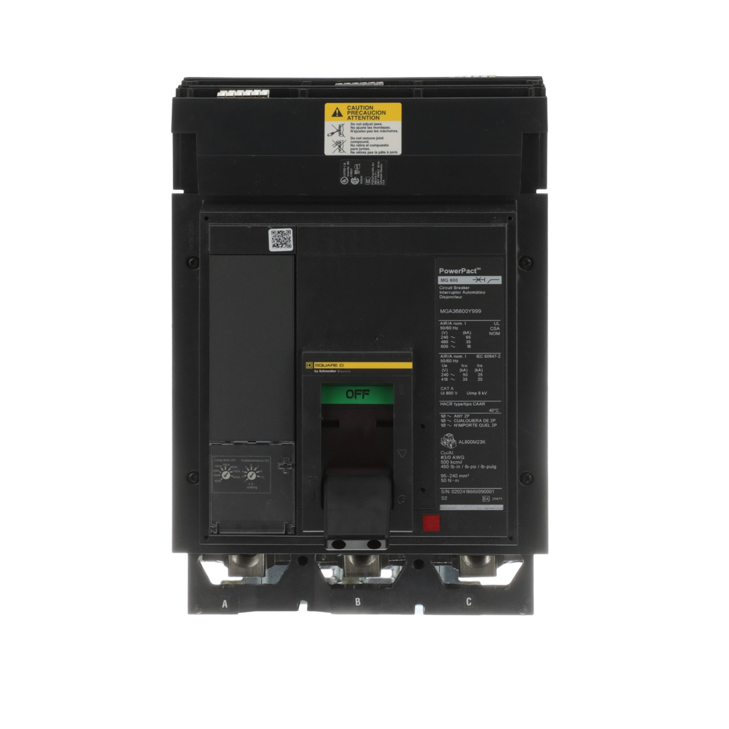 Mayer-DDS-Circuit breaker, PowerPacT M, 300A to 800A, 3 pole, 600VAC, 18kA, I-Line, adjustable trip, 80%, ABC, kirk lock-2