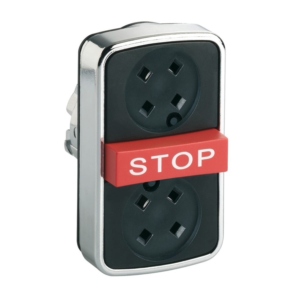 Mayer-DDS-Head for illuminated triple headed push button, Harmony XB4, metal, 22mm, 2 flush push buttons, 1 central projecting red STOP, spring return, unmarked-1