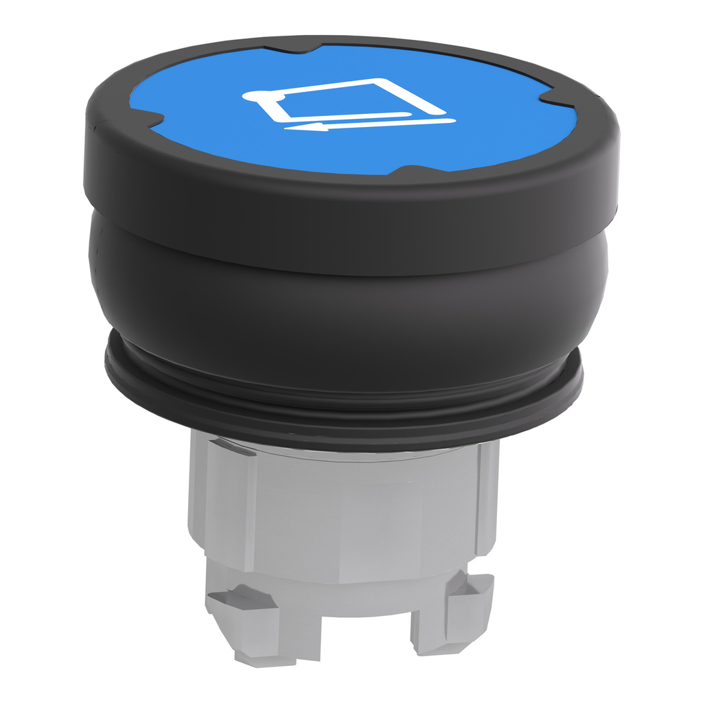 Mayer-DDS-Head for push button, Harmony XB4, push button head, metal, flush, blue, 22mm, spring return, for harsh environment, marking legend, rotated 90degrees-2
