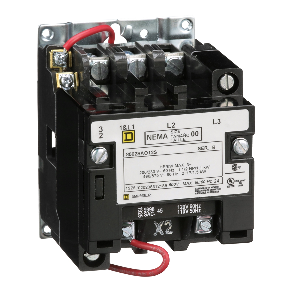 Mayer-DDS-NEMA Contactor, Type S, nonreversing, Size 00, 9A, 3HP at 575VAC, 3 phase, up to 100kA, 3 pole, 120VAC coil, open [TAA]-2