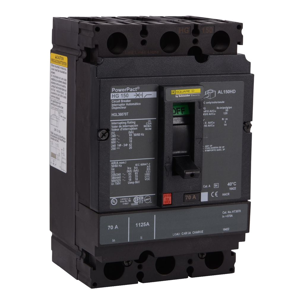 Mayer-DDS-Circuit breaker, PowerPacT H, 70A, 3 pole, 600VAC, 18kA, lugs, thermal magnetic, 80%, interchangeable trip unit-1