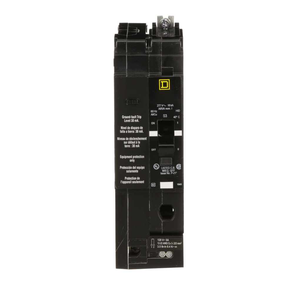 Mayer-DDS-Mini circuit breaker, E-Frame, 50A, 1 pole, 277VAC, 25kA max, bolt on, 30mA ground fault protection, alarm switch [TAA]-2