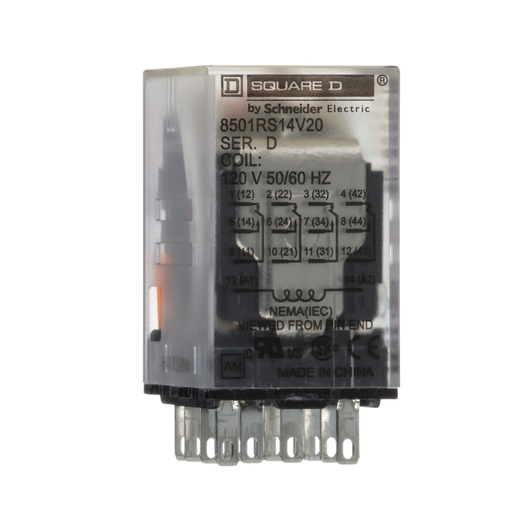 Mayer-DDS-Miniature Relay, Harmony 8501R, low voltage, hermetically sealed, 4PDT, 14 blades, 8A at 120V AC, coil, 0.5HP at 277V AC, 120V AC, 4NO+ 4NC-2
