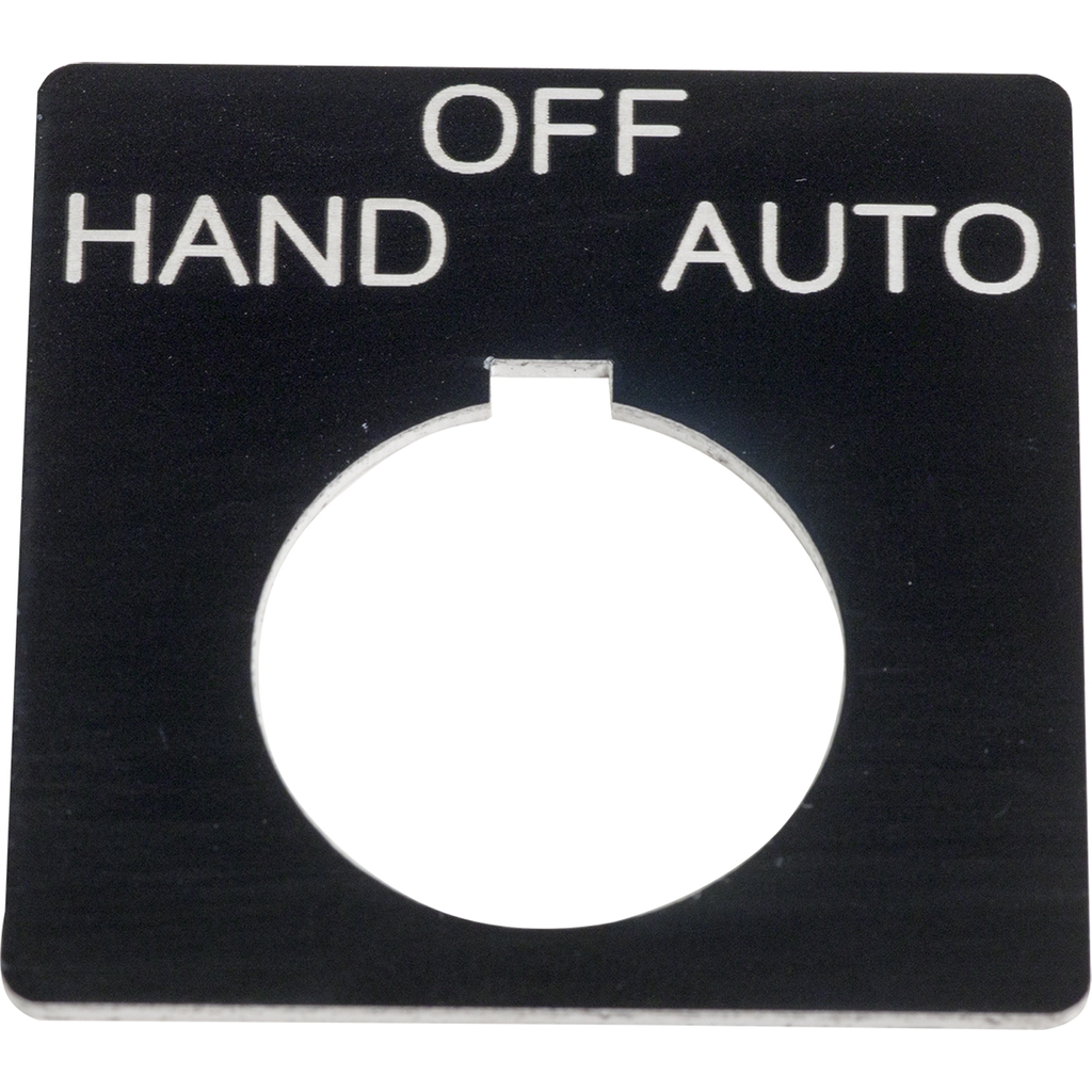 Mayer-DDS-Harmony 9001K, Harmony 9001SK, legend, 30mm, plastic, black with white letters, 57mm square, marking HAND-OFF-AUTO-1