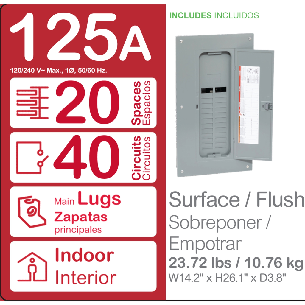 Mayer-DDS-Load center, Homeline, 1 phase, 20 spaces, 40 circuits, 125A convertible main lugs, PoN, NEMA1, combo cover-2