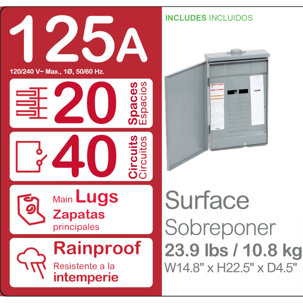 Mayer-DDS-Load center, Homeline, 1 phase, 20 spaces, 40 circuits, 125A convertible main lugs, PoN, NEMA3R-2
