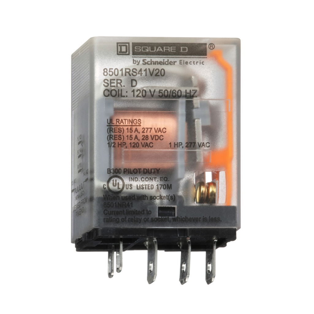 Mayer-DDS-Miniature Relay, Harmony 8501R, SPDT, 5 blades, coil, 15A resistive at 120V AC, 1HP at 277V AC, 120V AC, 1NO+ 1NC-2