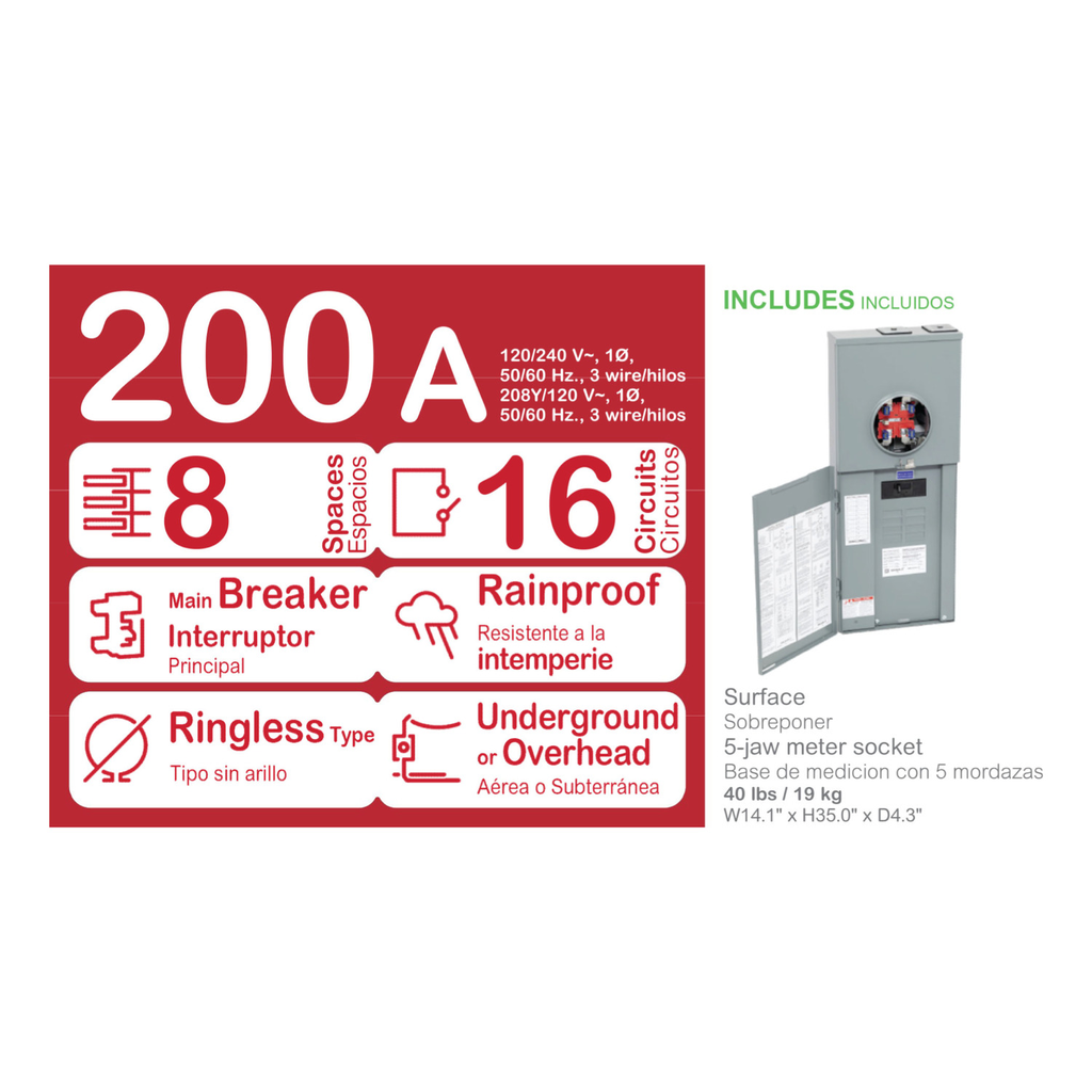 Mayer-DDS-Meter mains, Homeline, CSED, ringless socket, 200A, surface mount, maximum 8 spaces, 16 circuits, horn bypass-2
