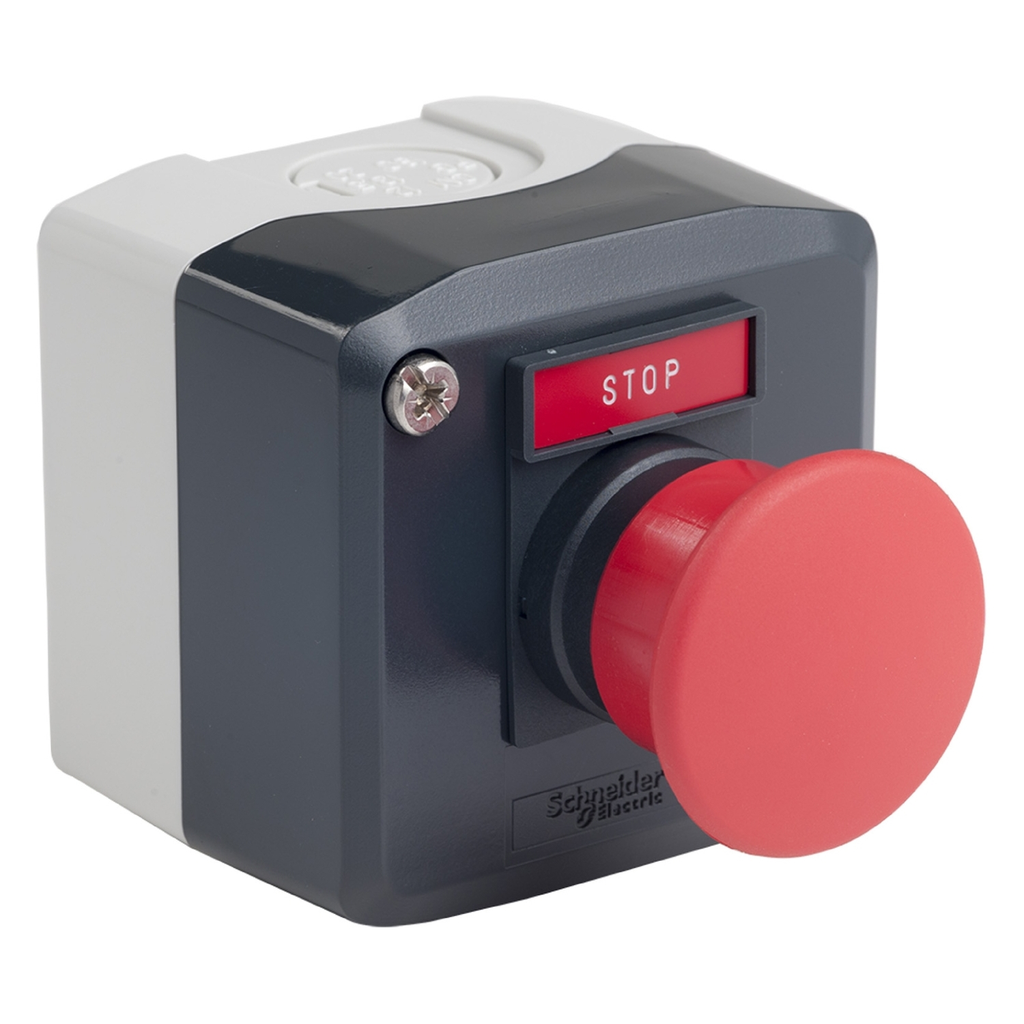 Mayer-DDS-Complete control station, Harmony XALD, dark grey, 1 red mushroom head pushbutton, 40mm, spring return, 1NC, marked STOP-1