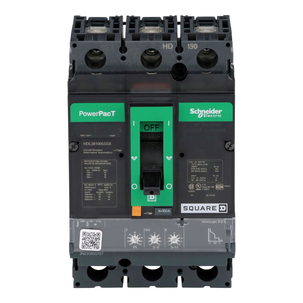 Mayer-DDS-Circuit breaker, PowerPacT H, 100A, 3 pole, 600VAC, 14kA, lugs, Micrologic 3.2S, 80%-2