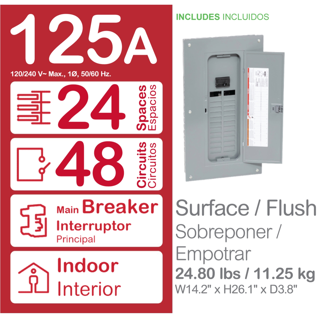 Mayer-DDS-Load center, Homeline, 1 phase, 24 spaces, 48 circuits, 125A convertible main breaker, PoN, NEMA1, combo cover-2