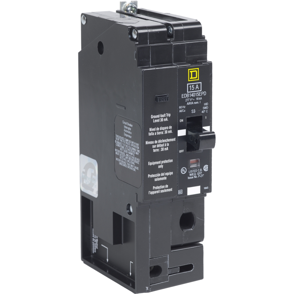 Mayer-DDS-Mini circuit breaker, E-Frame, 40A, 1 pole, 277VAC, 100kA max, bolt on, 30mA ground fault protection [TAA]-1