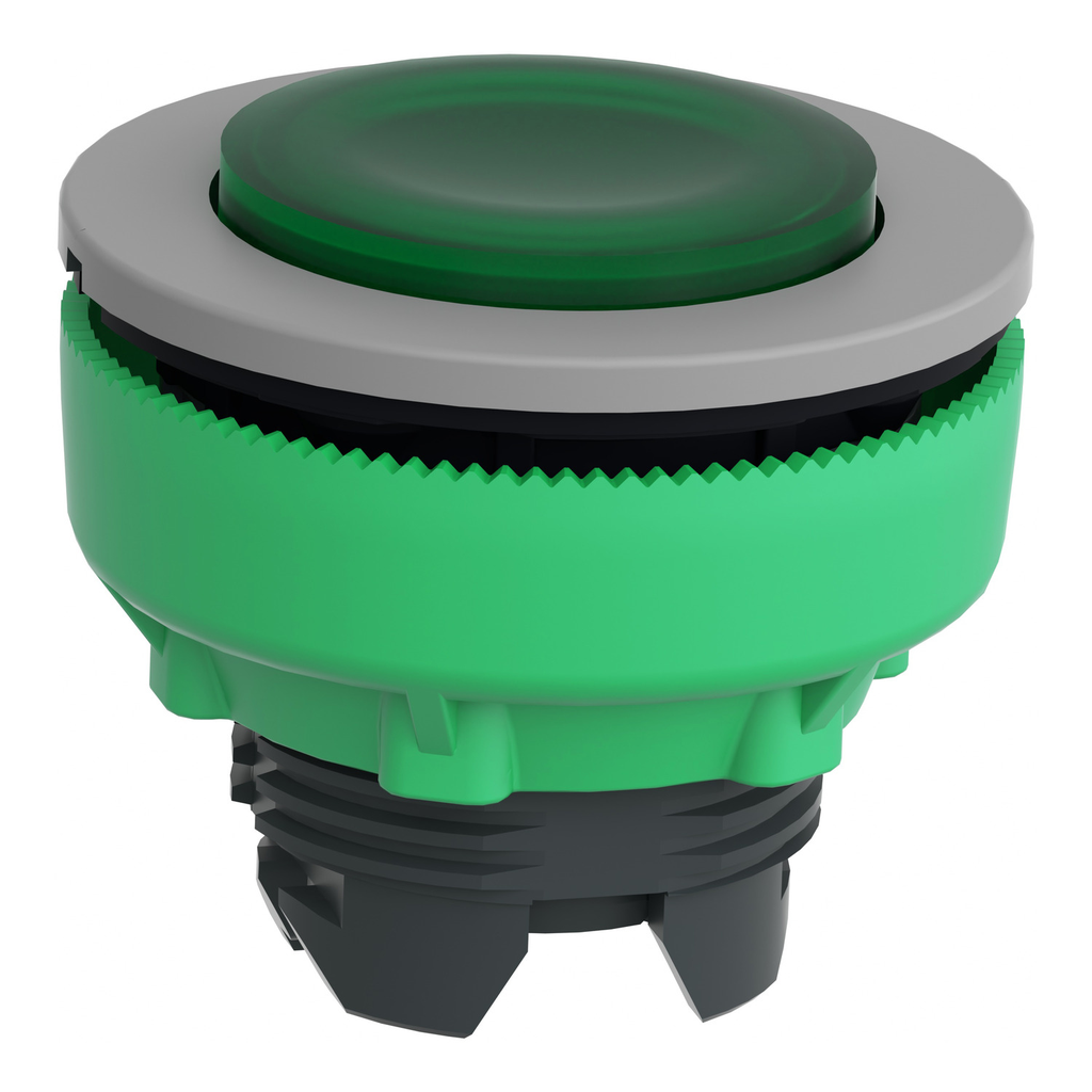 Mayer-DDS-Head for illuminated push button, Harmony XB5, grey bezel, green projecting, 30mm, universal LED, spring return, unmarked-2