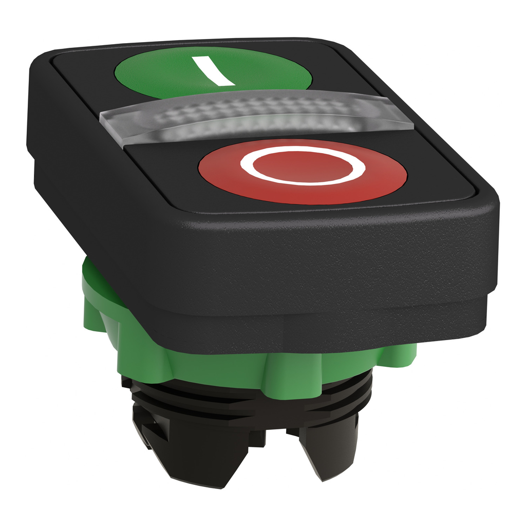 Mayer-DDS-Illuminated double headed push button head, Harmony XB5, plastic, 22mm, 1 green flush marked I + 1 pilot light + 1 red flush marked O-2