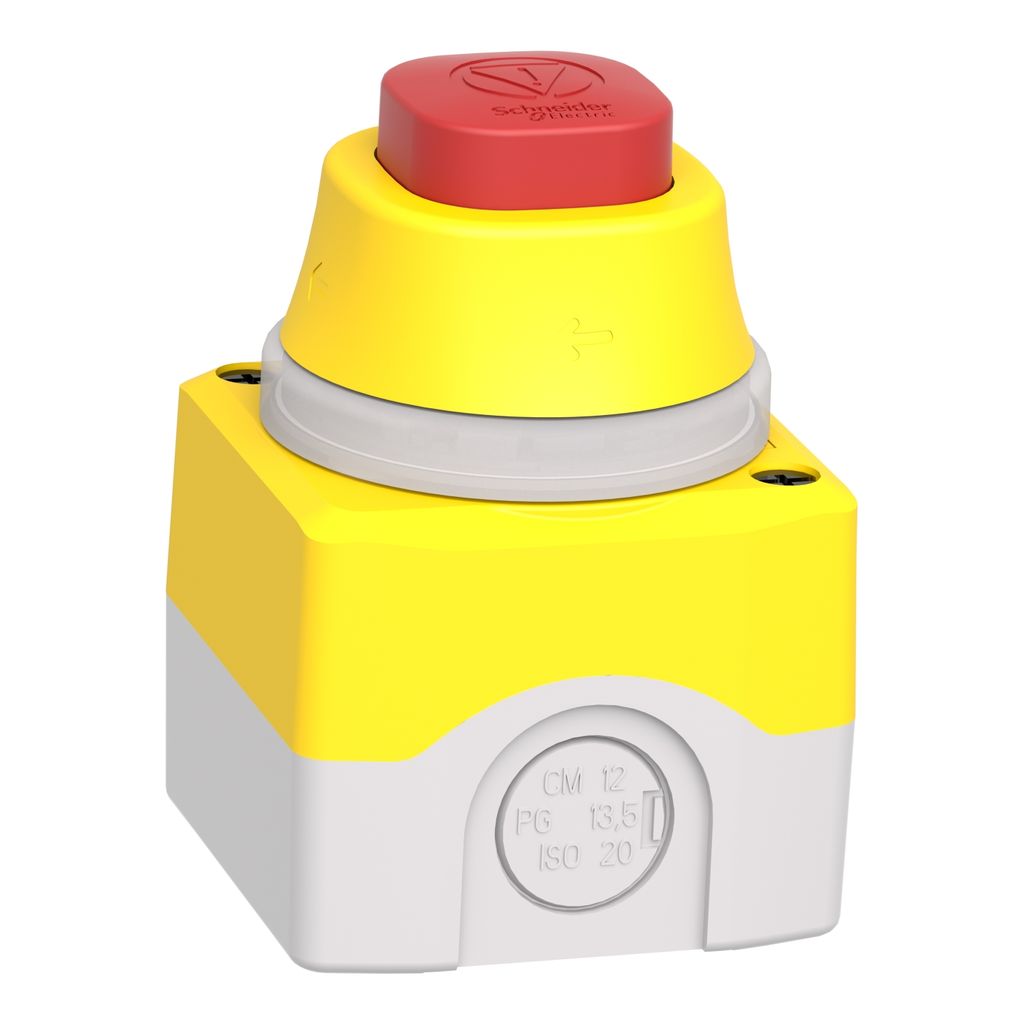 Mayer-DDS-Complete control station, Harmony XALD, XALK, plastic, yellow lid, 1 illuminated emergency stop, white red fixed, turn to release, 1NO 2NC, 24V AC DC-2