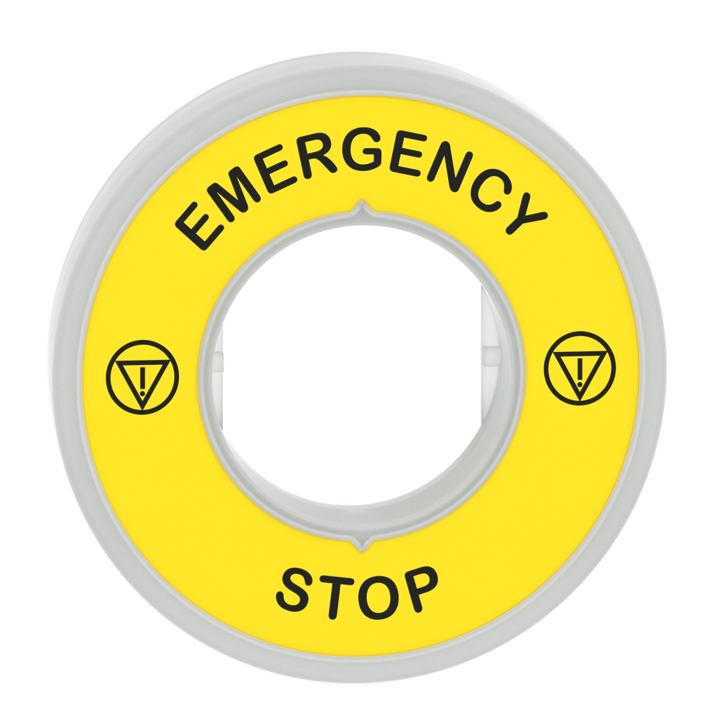 Mayer-DDS-Illuminated marked legend ring, Harmony XB5, 60mm, plastic, yellow, white or red integral LED, marked EMERGENCY STOP, 24V AC DC-2
