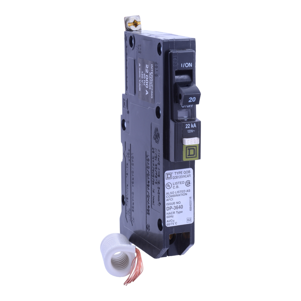 Mayer-DDS-Mini circuit breaker, QO, 20A, 1 pole, 120VAC, 22kA, bolt on, ARC fault, pigtail [TAA]-1