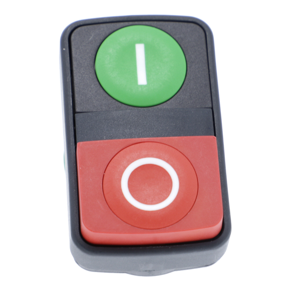 Mayer-DDS-Head for double headed push button, Harmony XB5, plastic, 22mm, 1 green flush marked I + 1 red projecting marked O-2