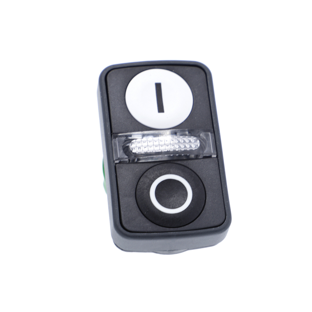 Mayer-DDS-Illuminated double headed push button head, Harmony XB5, plastic, 22mm, 1 white flush marked I + 1 pilot light + 1 black flush marked O-2