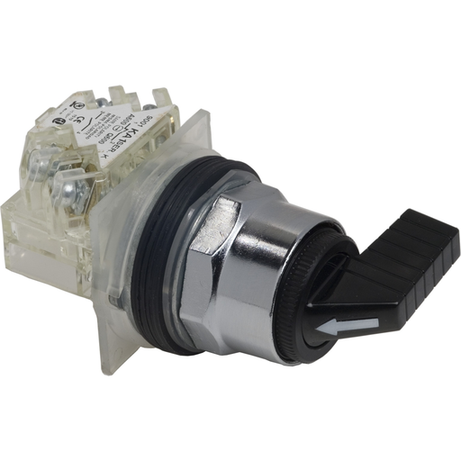 Mayer-DDS-30mm push button, Type K, 3 position selector switch, 6A inductive at 120VAC, 1NO/1NC contacts, black knob, NEMA 4, 13-1