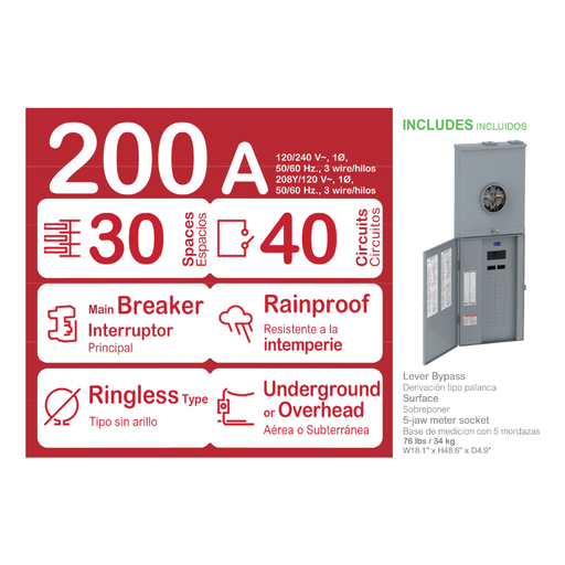 Mayer-DDS-All in one, Homeline, combination service entrance, ringless socket, 200A, surface, 30 spaces, 40 circuits, 22kA SCCR, OH, UG, lever bypass-2