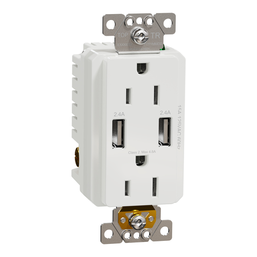 SQR55141WH - USB charger + socket-outlet, X Series, 15A socket, 4.8A USB A/A, duplex, tamper resistant, white, matte finish