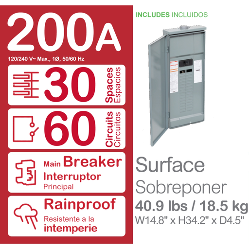 Mayer-DDS-Load center, Homeline, 1 phase, 30 spaces, 60 circuits, 200A convertible main breaker, PoN, NEMA3R, value pack-2