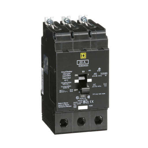 EDB34020 - [TAA] Mini circuit breaker, E-Frame, 20A, 3 pole, 480Y/277VAC, 25kA max, bolt on