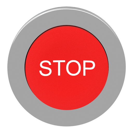 Mayer-DDS-Flush mounted projecting push button head, Harmony XB4, metal, red, 30mm, spring return, marked STOP-2