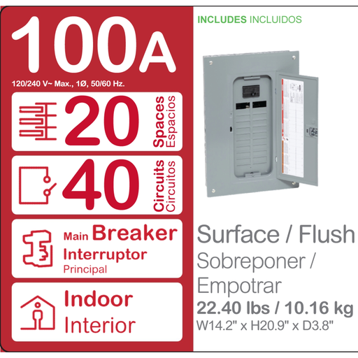 Mayer-DDS-Load center, Homeline, 1 phase, 20 spaces, 40 circuits, 100A convertible main breaker, PoN, NEMA1, Qwik-grip, value pack-2