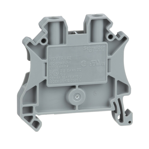 Picture of NSYTRV42 - Linergy terminal blocks, screw terminal, feed through, 2 points, 4 mm wide, grey