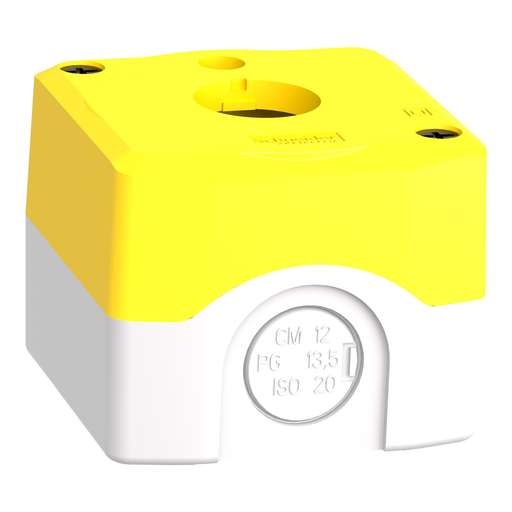 Mayer-DDS-Empty enclosure, Harmony XALK, XALD, plastic, yellow lid, for illuminated emergency stop push button 22mm, 1 cut out-2