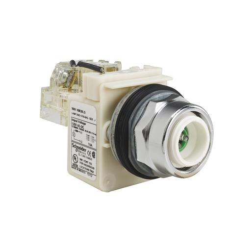 Mayer-DDS-30mm push button, Type K, push to test pilot light, green LED light module, 120VAC/VDC, no lens, NEMA 4, 13-1
