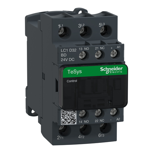 LC1D32BD - IEC contactor, TeSys Deca, nonreversing, 32A, 20HP at 480VAC, up to 100kA SCCR, 3 phase, 3 NO, 24VDC coil, open style