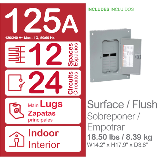 Mayer-DDS-Load center, Homeline, 1 phase, 12 spaces, 24 circuits, 125A convertible main lugs, PoN, NEMA1, gnd bar, value pack-2