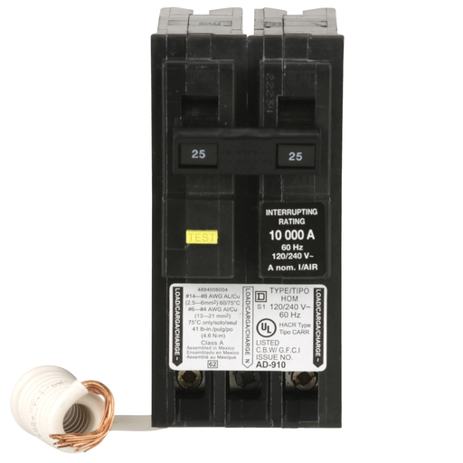 Mayer-DDS-Mini circuit breaker, Homeline, 25A, 2 pole, 120/240VAC, 10kA AIR, ground fault class A, plug in, UL-2