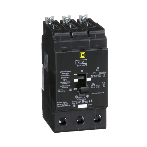 EDB34070 - [TAA] Mini circuit breaker, E-Frame, 70A, 3 pole, 480Y/277VAC, 25kA max, bolt on