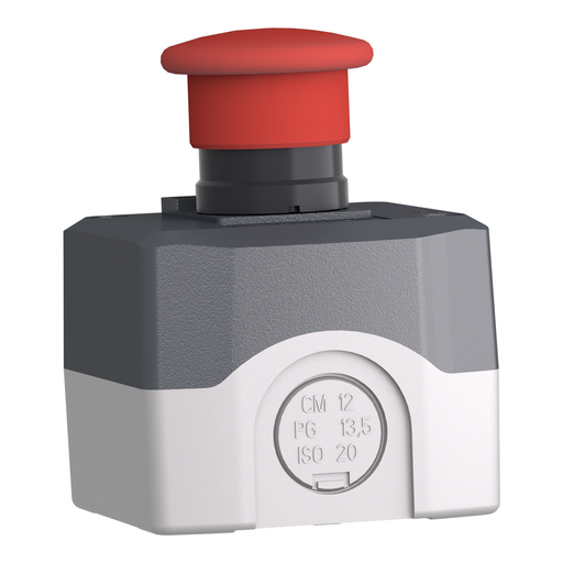 Mayer-DDS-Complete control station, Harmony XALD, dark grey, 1 red mushroom head pushbutton, 40mm, spring return, 1NC, marked STOP-2