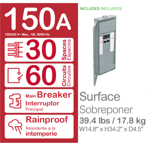Mayer-DDS-Load center, Homeline, 1 phase, 30 spaces, 60 circuits, 150A convertible main breaker, PoN, NEMA3R-2