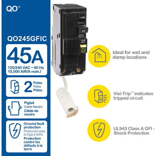 Mayer-DDS-Mini circuit breaker, QO, 45A, 2 pole, 120/240VAC, 10kA, plug in, 6mA grd fault A, pigtail [TAA]-2