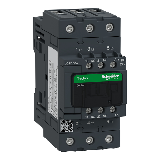LC1D50ABD - IEC contactor, TeSys Deca, nonreversing, 50A, 40HP at 480VAC, up to 100kA SCCR, 3 phase, 3 NO, 24VDC coil, open style
