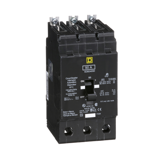 EDB34090 - [TAA] Mini circuit breaker, E-Frame, 90A, 3 pole, 480Y/277VAC, 25kA max, bolt on